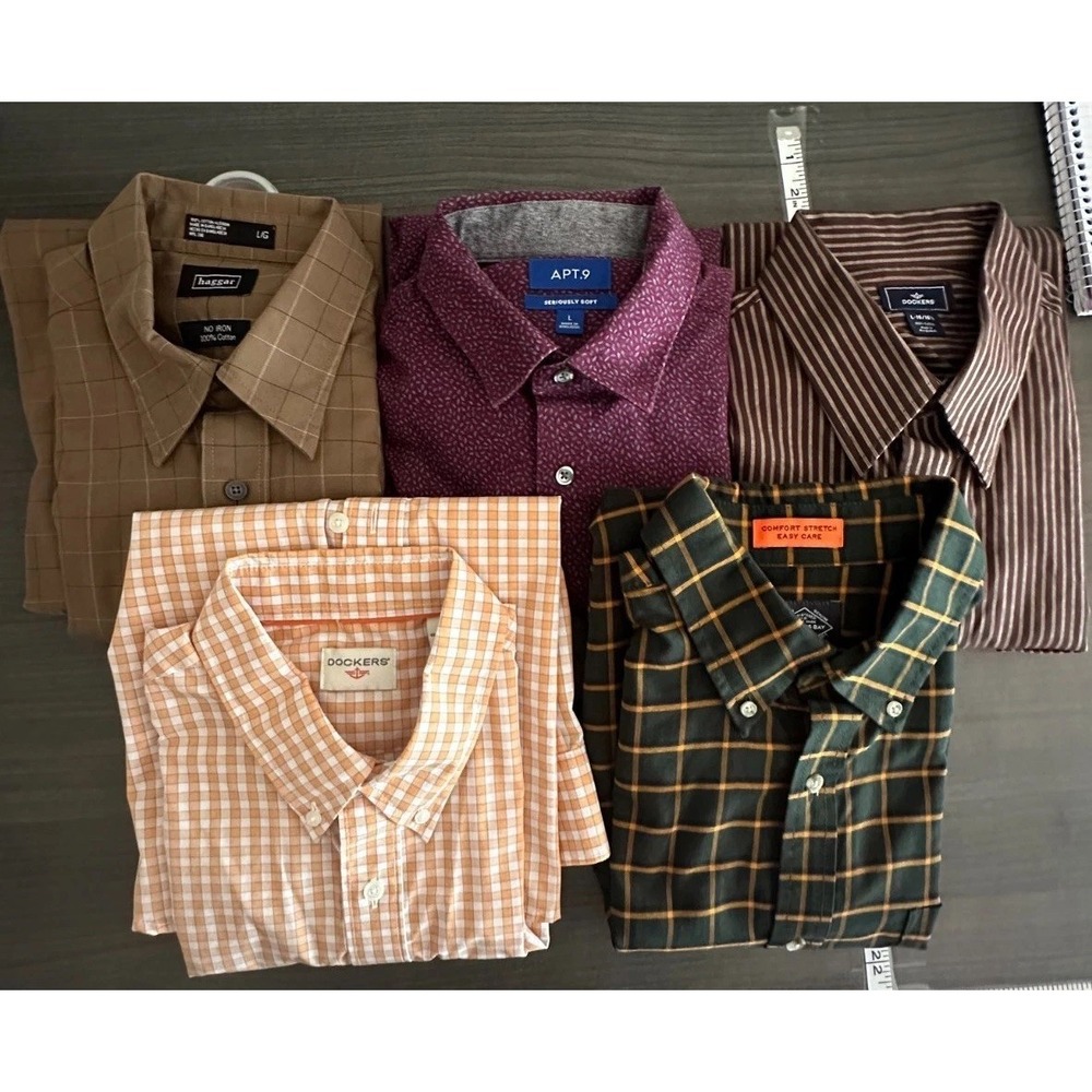 Mens Button Up Shirt Lot 5 Large Dockers Haggar Apt 9 Striped Casual Work